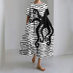 Japanese Stripe Octopus Art Linen Blend Casual Dress