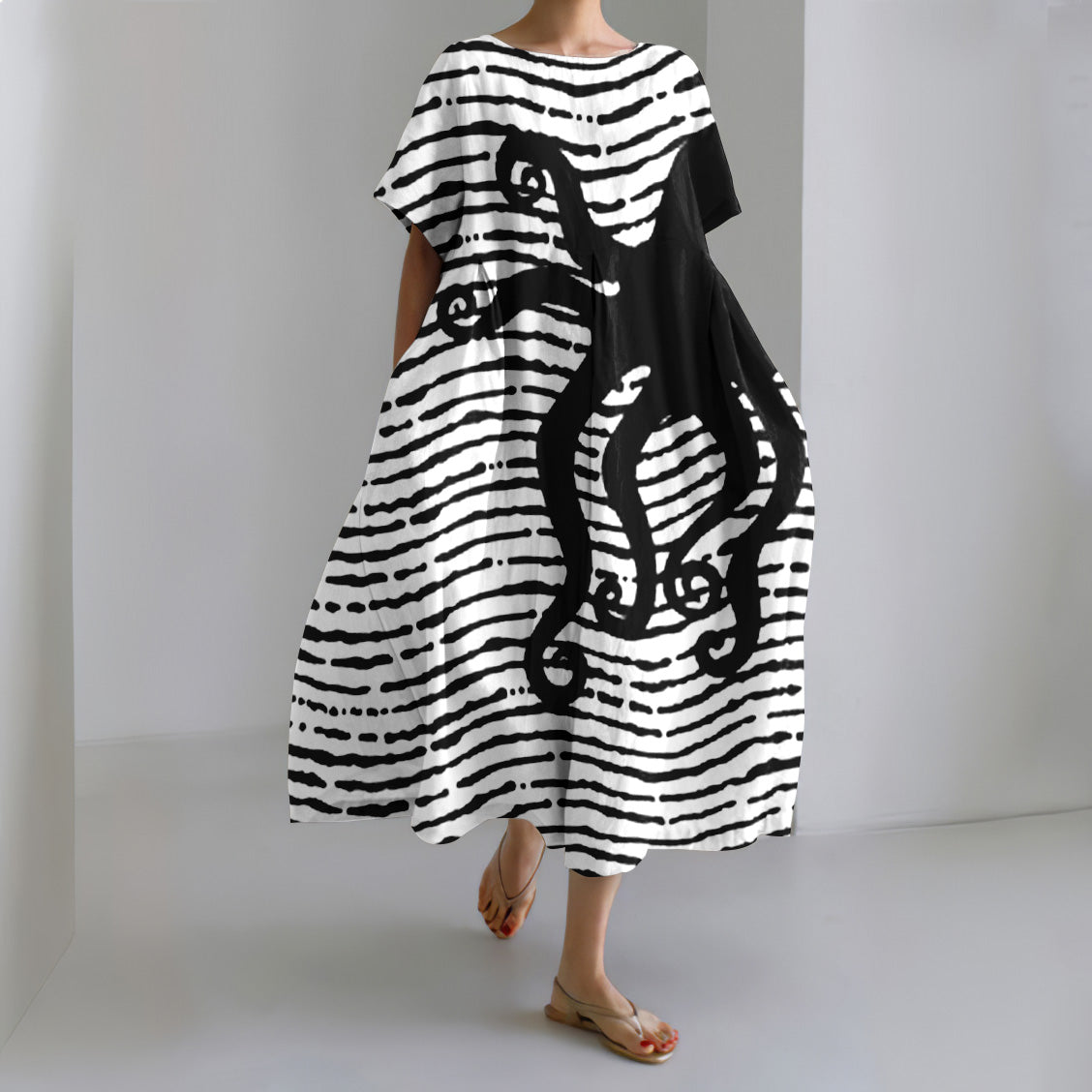 Japanese Stripe Octopus Art Linen Blend Casual Dress