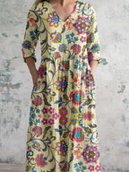 Women's Elegant Floral Pattern V-Neck Cotton Fabric Dress with Pockets