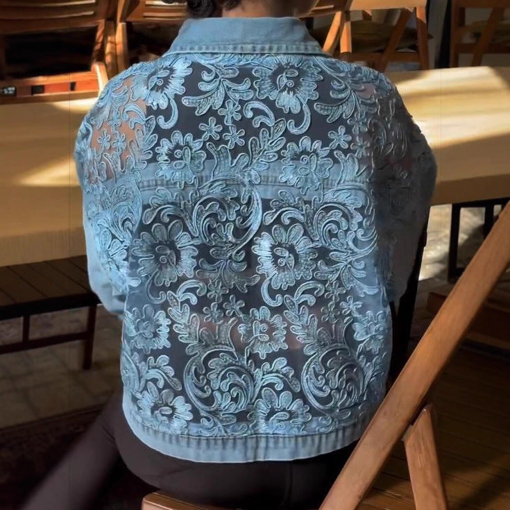 Casual Lace-Trimmed Denim Jacket