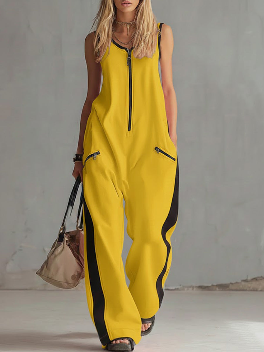 Damen ärmelloser, lässiger Jumpsuit aus Baumwolle mit Rundhalsausschnitt und weitem Bein