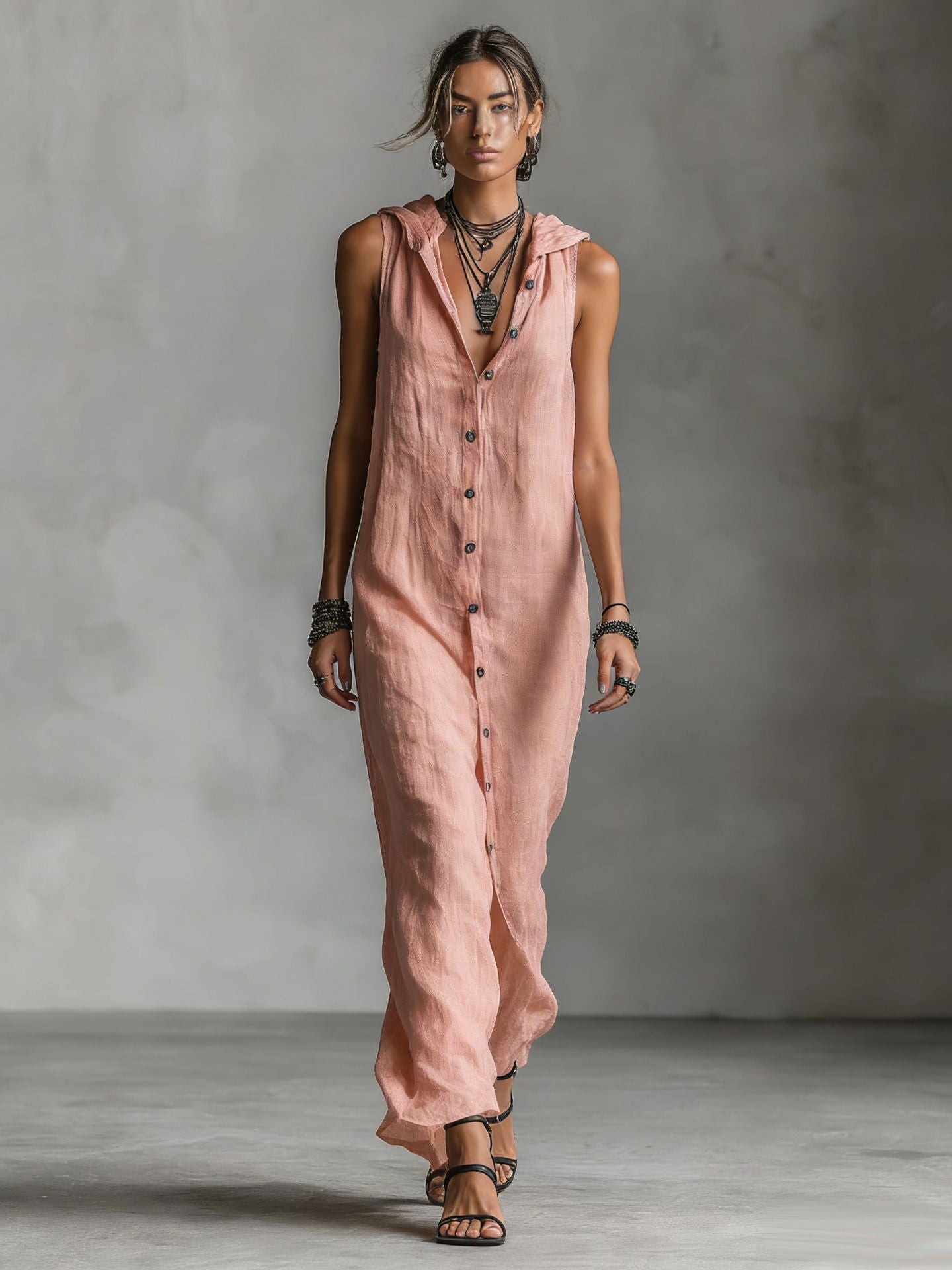 Women's Vintage Elegant Sleeveless Button-down Maxi Dress