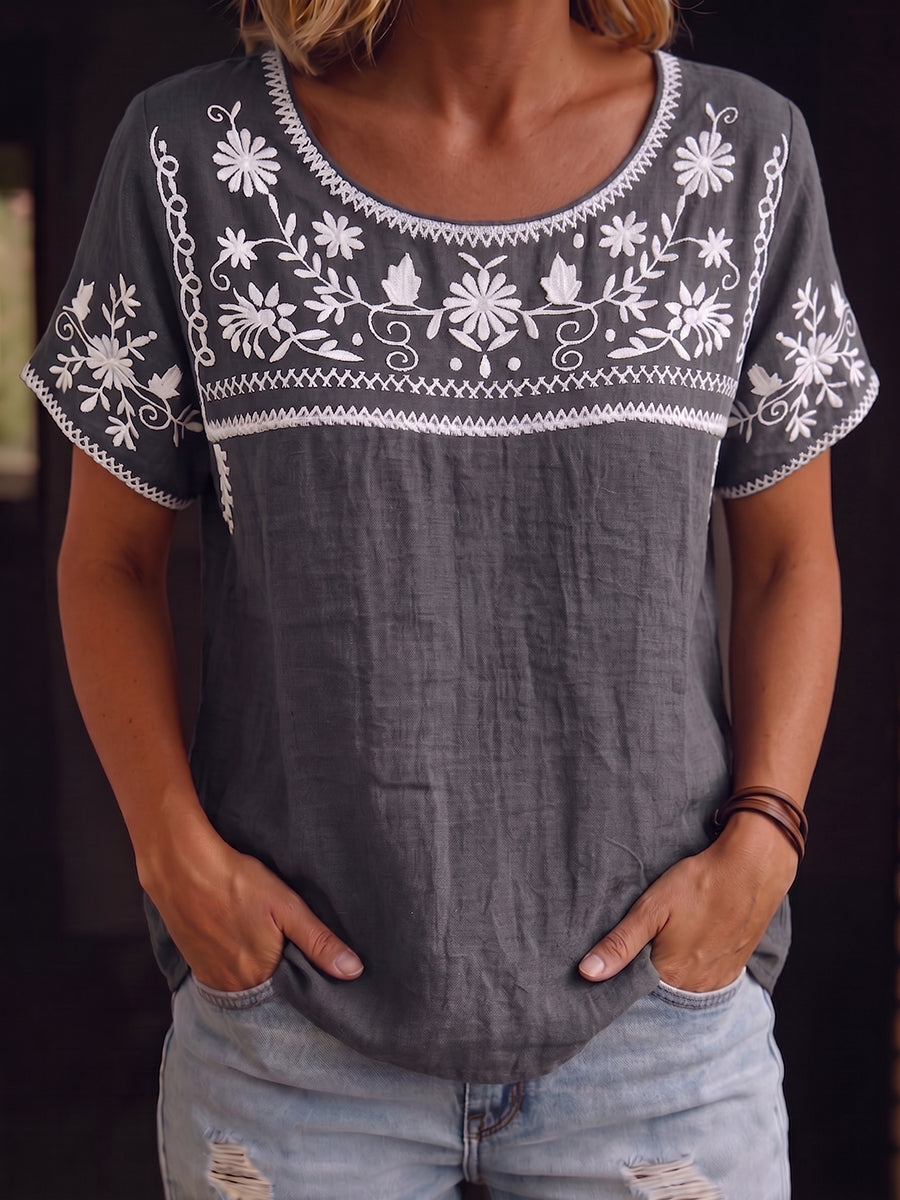 Retro Casual Cotton-linen Shirt With Floral Embroidery