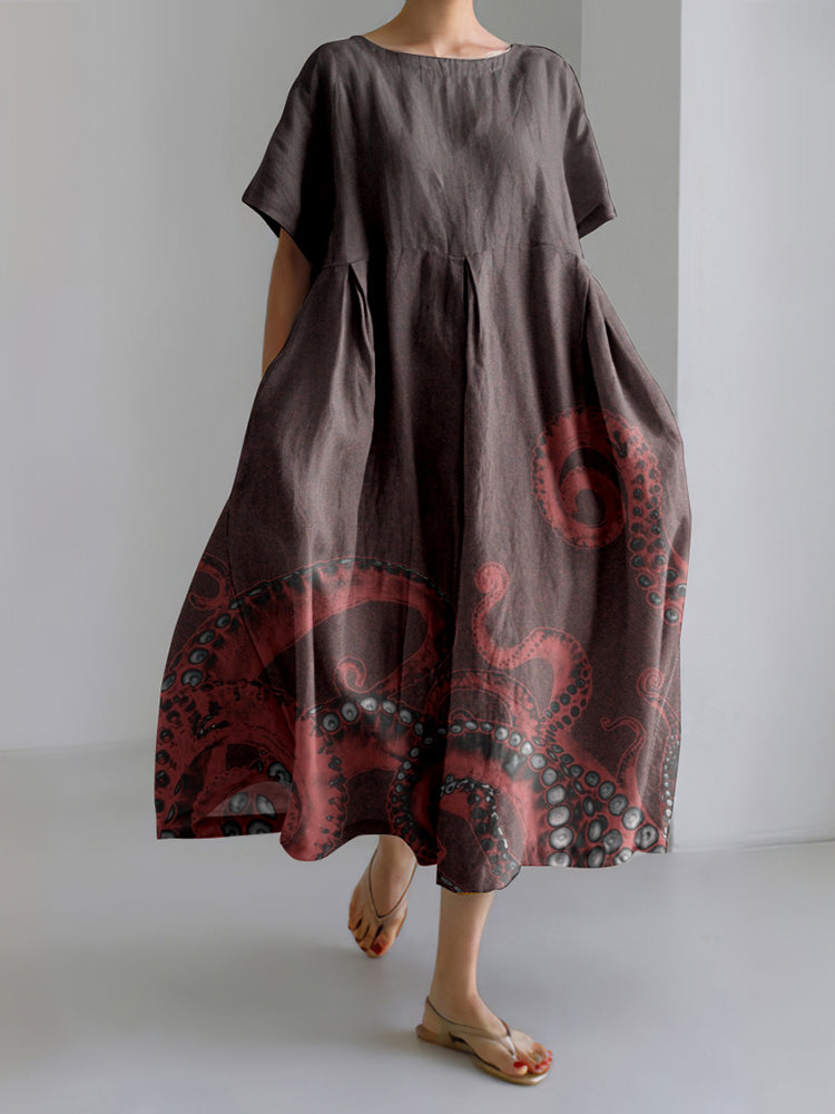 Japanese Octopus Art Linen Blend Casual Dress