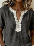 Women's Casual V-neck Lace-trimmed Cotton Linen Top