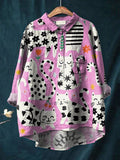 Vintage Lovely Cat Floral Art Print Casual Cotton And Linen Shirt