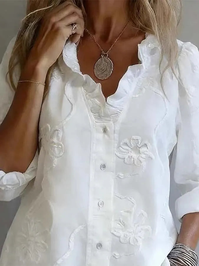 Women'S Casual Embroidered Ruffle Shirt