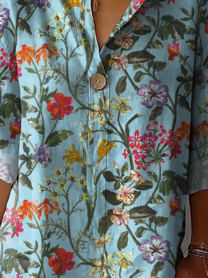 Colorful Summer Floral Pattern Printed Women's Casual Cotton Linen Shirt