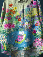 Vintage Lovely Cat Floral Art Print Casual Cotton And Linen Shirt
