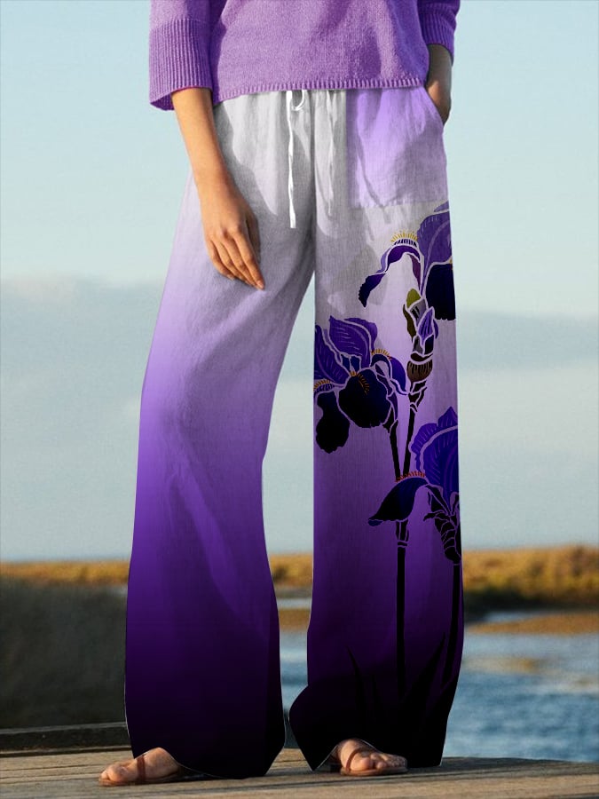 Women's Floral Design Lace-Up Elastic Waist Loose Casual Pants