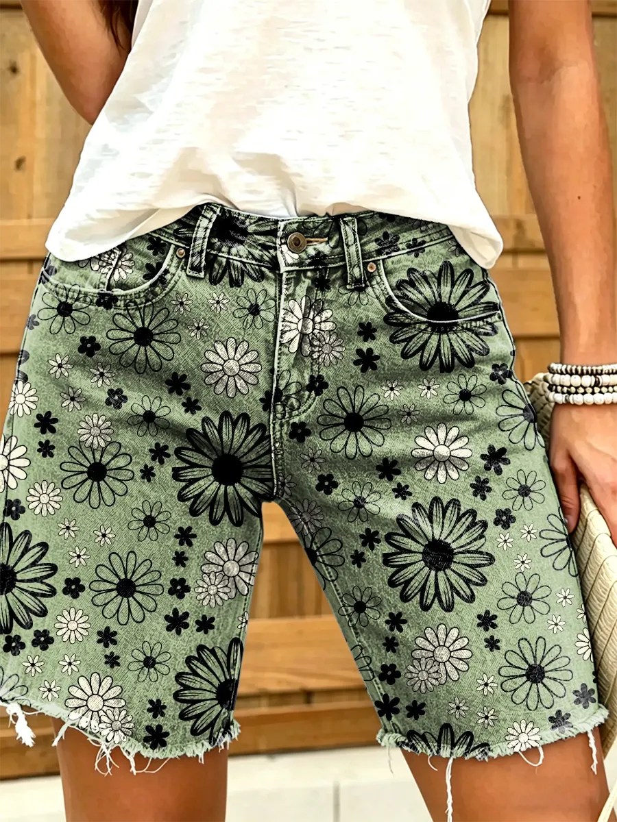 Ethnicity Flowers Geometry Women's Art Print Casual Denim Shorts