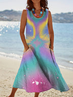Women's Vintage Pastel Beam Pattern Round Neck Dress