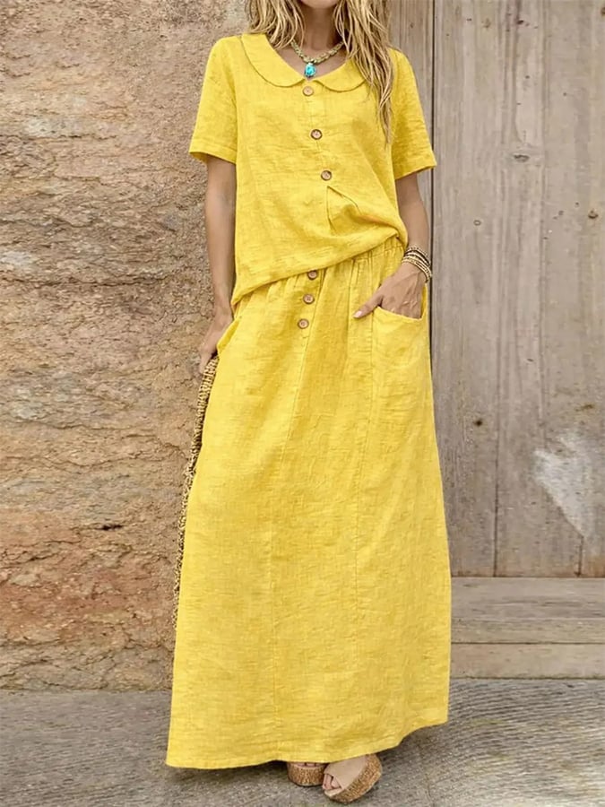 Women'S Casual Solid Color Cotton And Linen Loose Dress Two-Piece Set