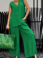 Women's casual commuter V-neck sleeveless shirt and trousers suit