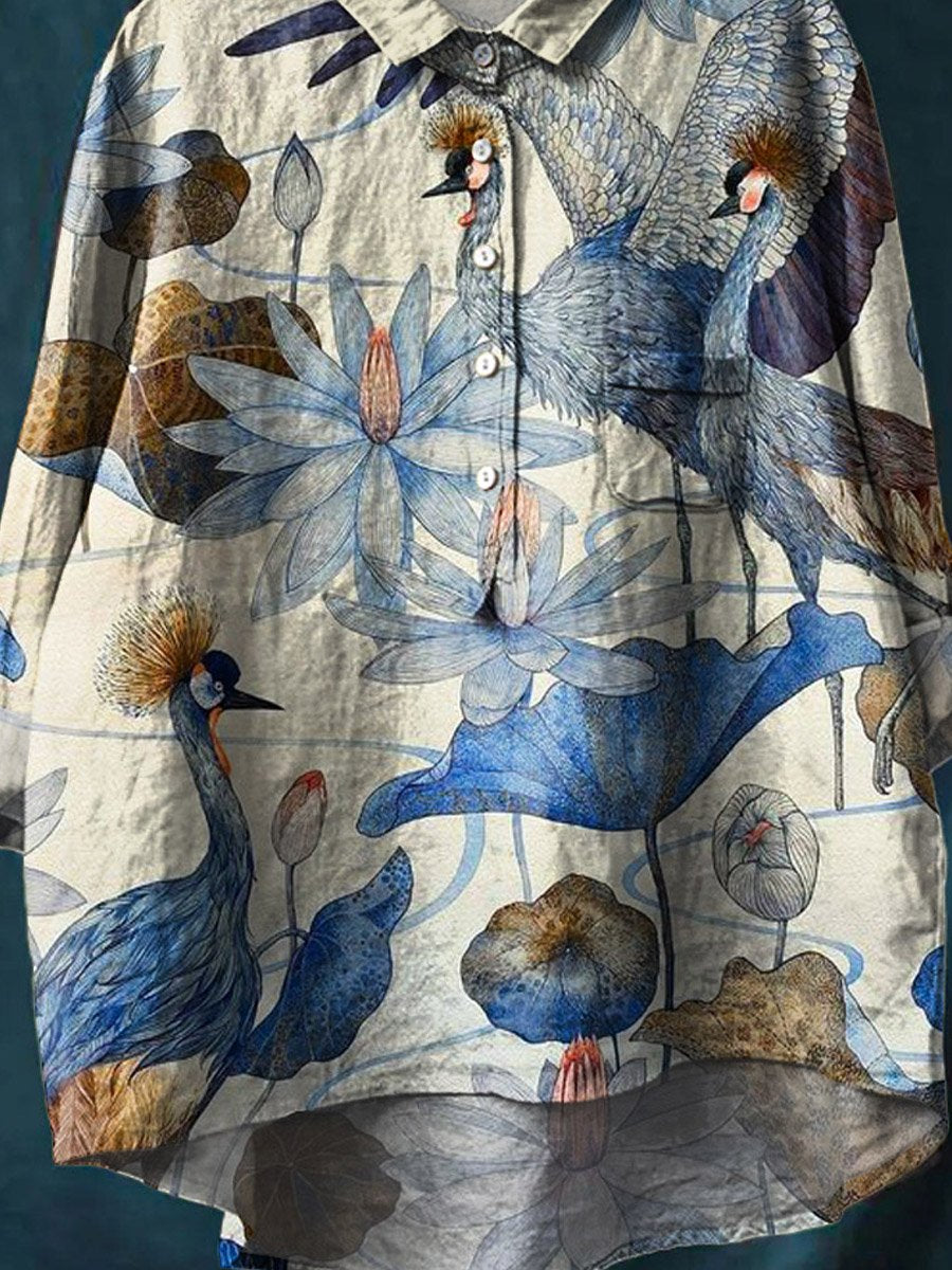 Vintage Lovely Birds Floral Art Print Casual Cotton And Linen Shirt