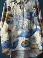 Vintage Lovely Birds Floral Art Print Casual Cotton And Linen Shirt
