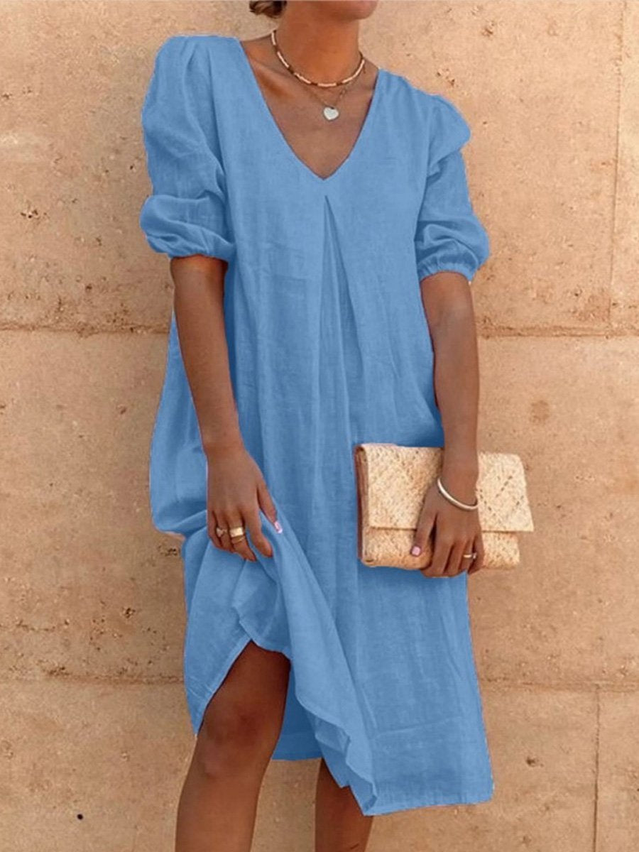 Cotton And Linen Solid Color Long Sleeve Casual Midi Dress