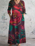 Women's V-Neck Floral Art Print Cotton and Linen Pocket Dress