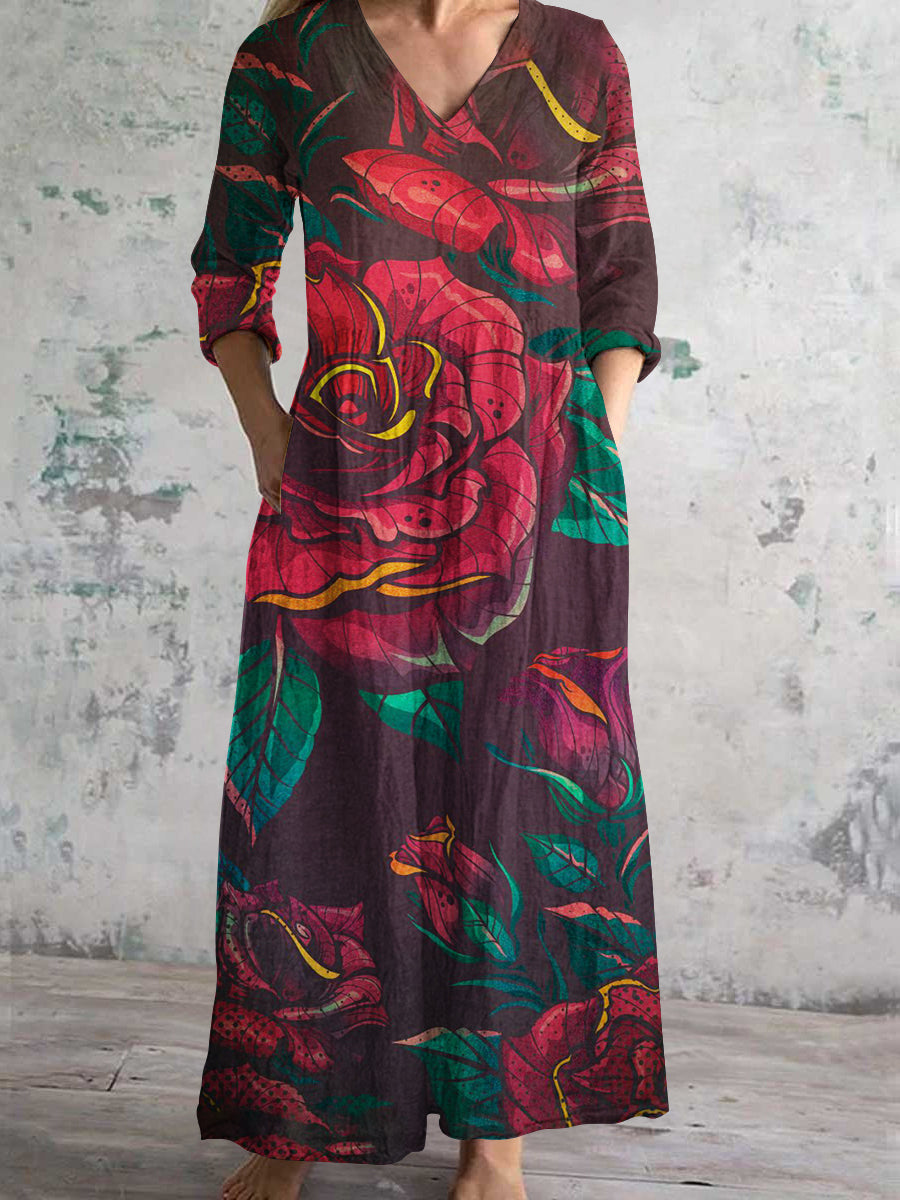 Women's V-Neck Floral Art Print Cotton and Linen Pocket Dress