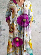 Women's V-neck Poppy Flower Pattern Resort Style Cotton And Linen Dress With Pockets