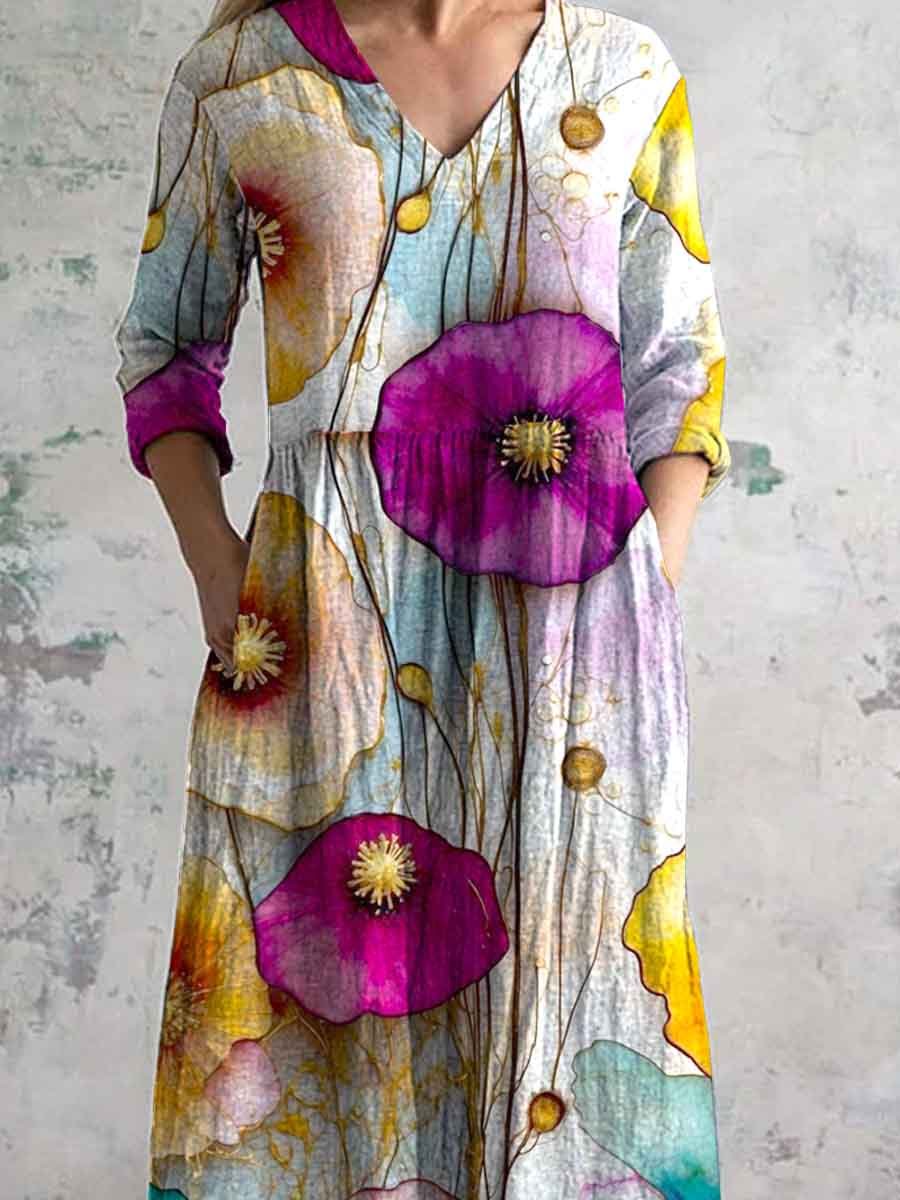 Women's V-neck Poppy Flower Pattern Resort Style Cotton And Linen Dress With Pockets