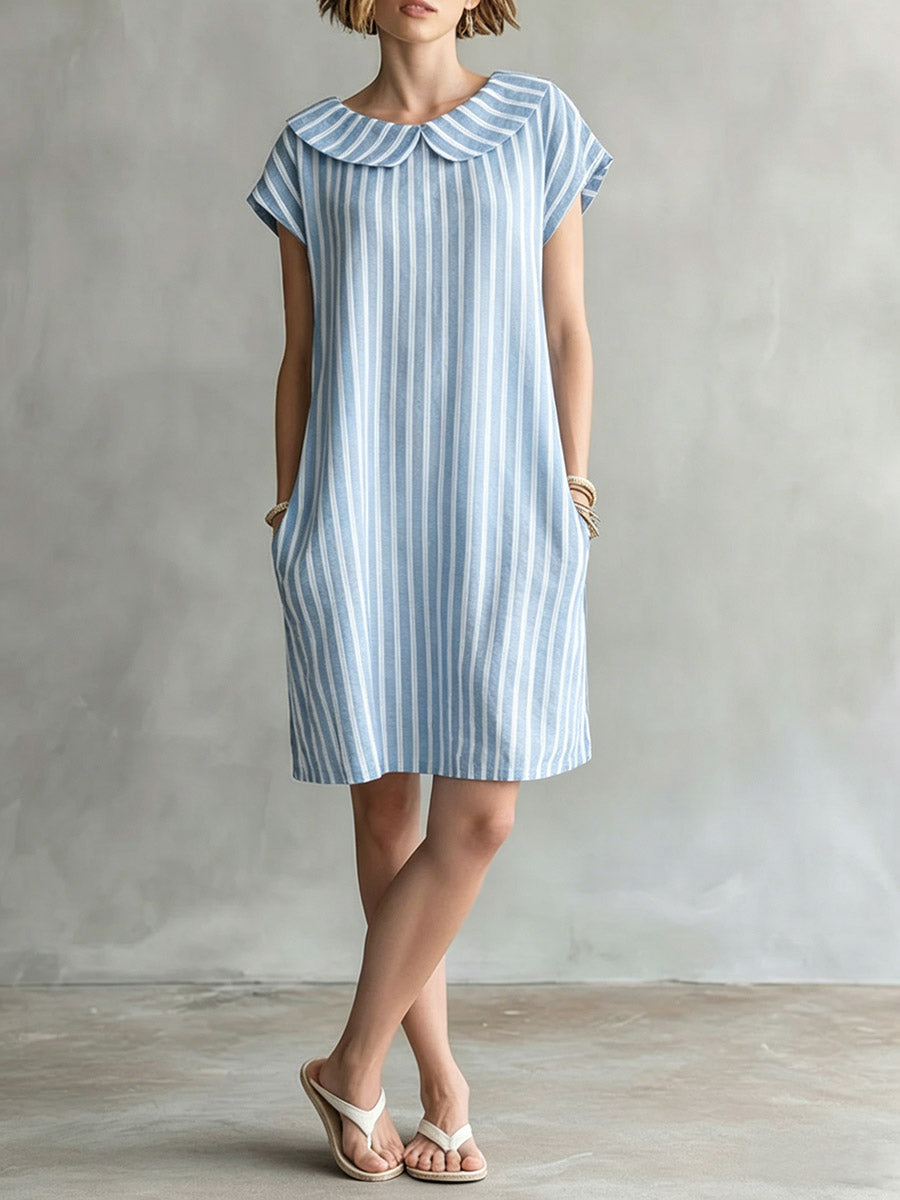 Women's Striped Print Peter Pan Collar Short-sleeve Casual Loose Cotton-linen Dress