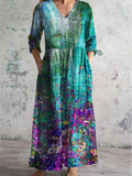 Women's V Neck Oil Painted Floral Pattern Dress With Pockets