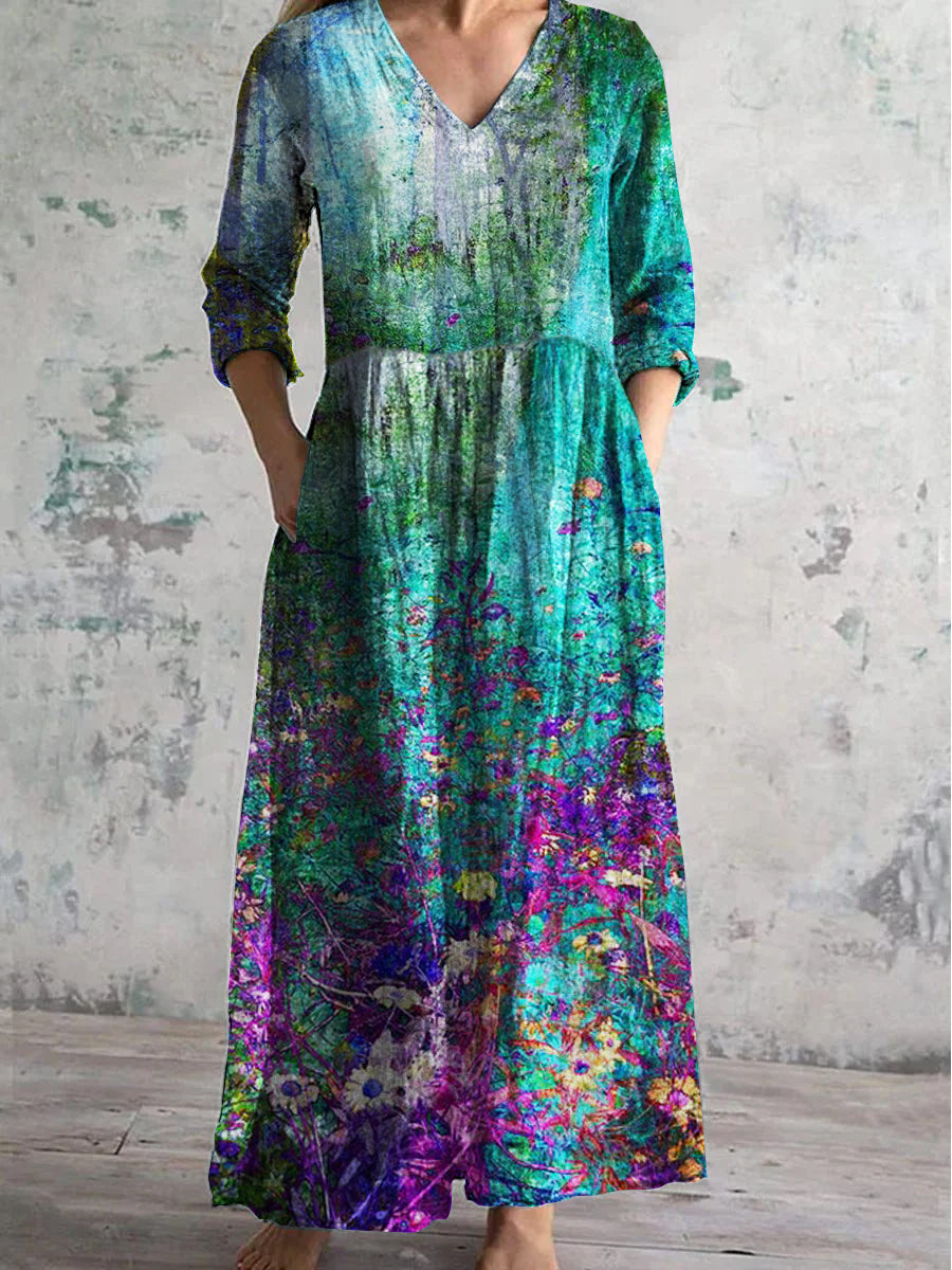Women's V Neck Oil Painted Floral Pattern Dress With Pockets