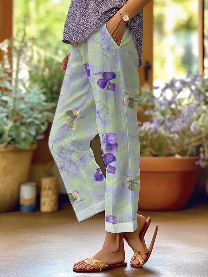 Women's Botanical Floral Design Loose Pocket Patchwork Casual Pants