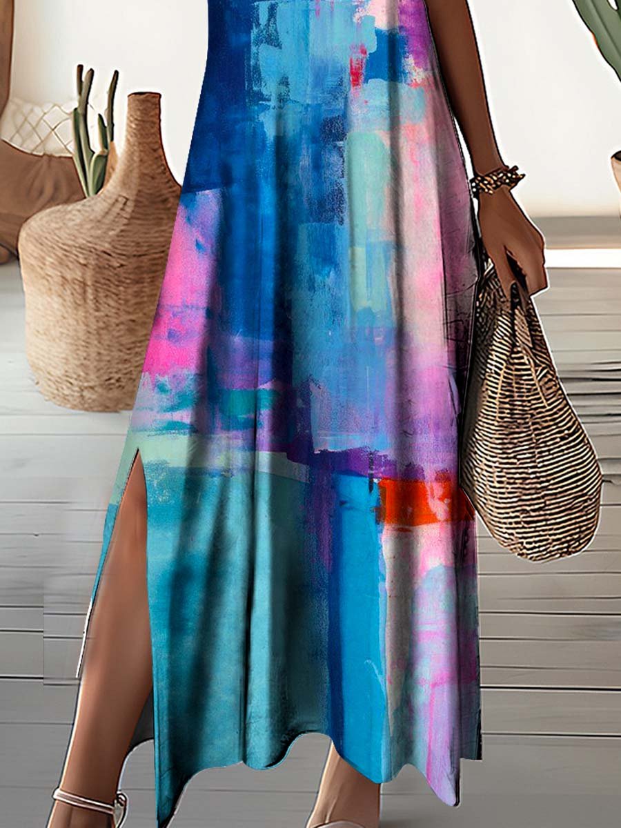 Women's V-Neck Art Fluid Pattern Dress