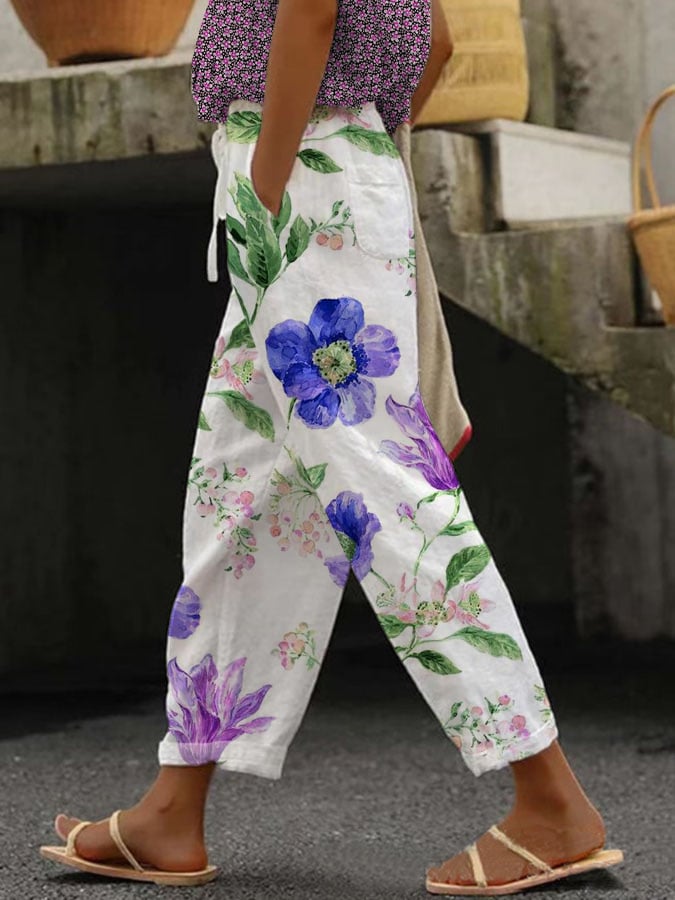 Women's Botanical Floral Design Print Lace-Up With Elastic Waist Loose Casual Pants
