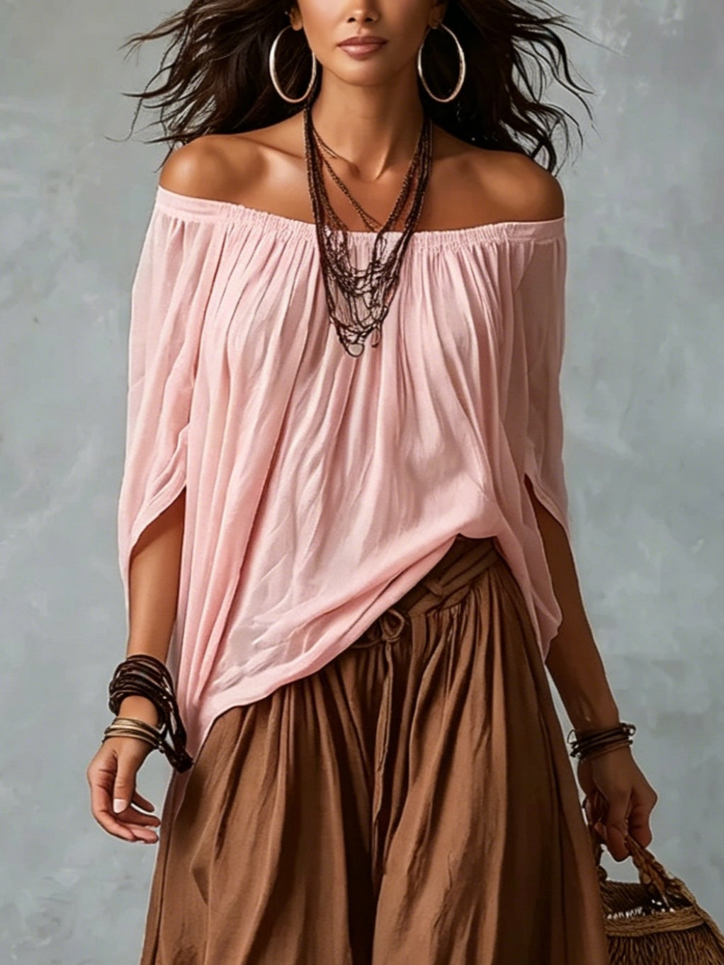 Pink Off-shoulder Top And Brown Loose-fitting Lantern Pants Suit