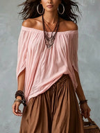 Pink Off-shoulder Top And Brown Loose-fitting Lantern Pants Suit