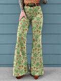 Women's Vintage Floral Print Mid-Rise Button-Hem Bootcut Pants (Without Belt)