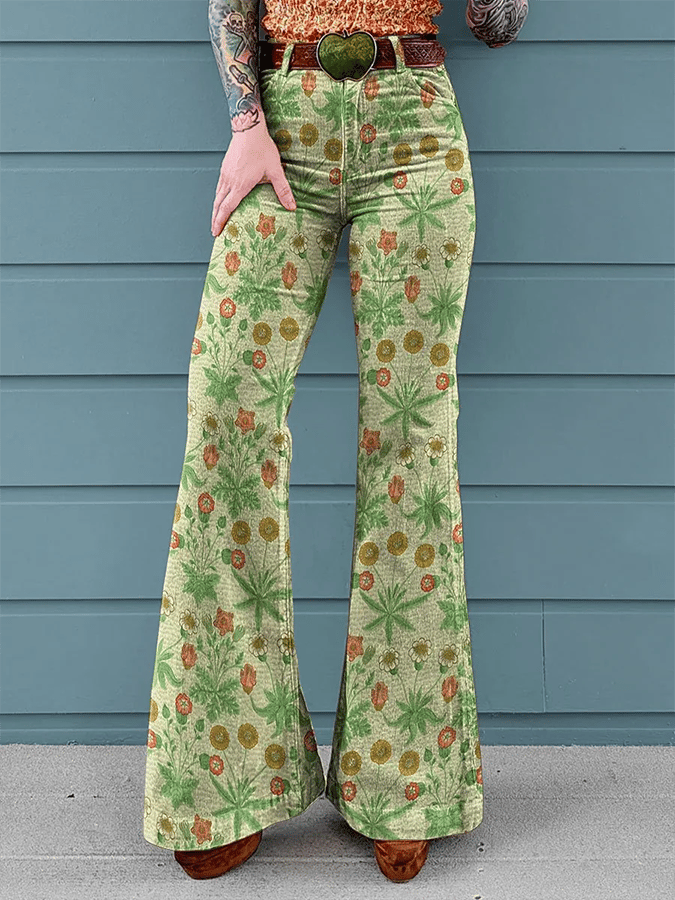 Women's Vintage Floral Print Mid-Rise Button-Hem Bootcut Pants (Without Belt)
