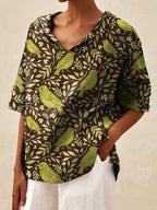 Women's Vintage Lovely Birds Floral Art Print Casual Linen V-neck Shirt