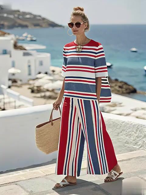 Women's Casual Loose Striped Pants Set