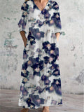 Women's V Neck Art Rose Floral Pattern Dress With Pockets