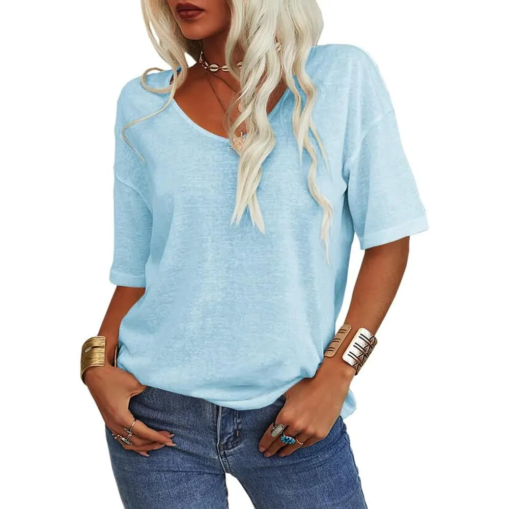 Damen V-Ausschnitt T-Shirt in Unifarbe