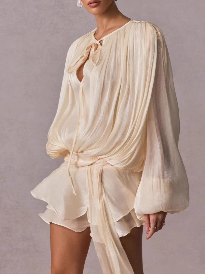 French-style ruffled and gathered short dress with leggings