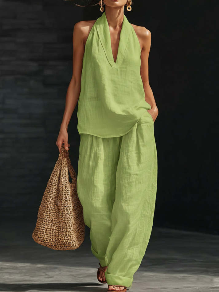 White Faux Linen V-neck Sleeveless Top And Wide-leg Pants Set