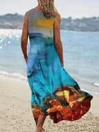 Women's Vintage Abstract Seascape Pattern Round Neck Dress