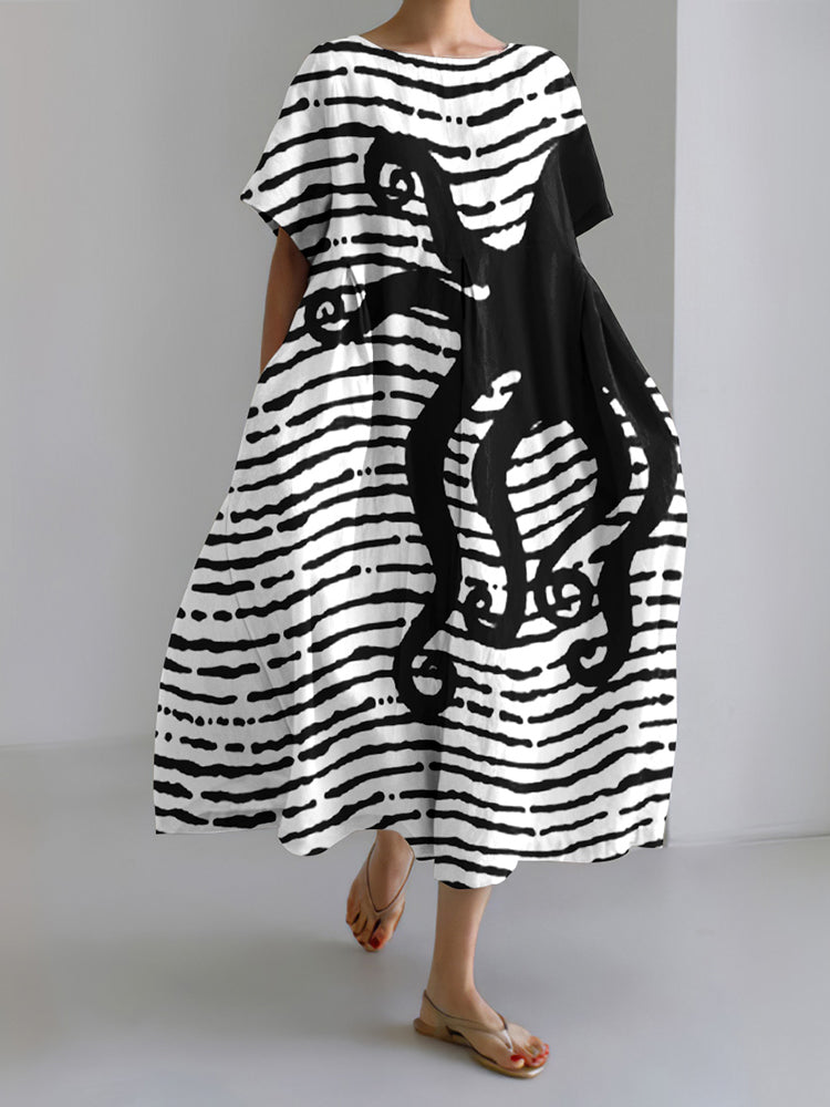 Japanese Stripe Octopus Art Linen Blend Casual Dress