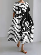 Japanese Stripe Octopus Art Linen Blend Casual Dress