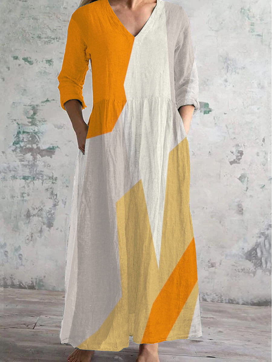 Women's V-Neck Abstract Geometric Art Cotton And Linen Pocket Dress