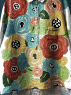 Vintage Lovely Floral Art Print Casual Cotton And Linen Shirt