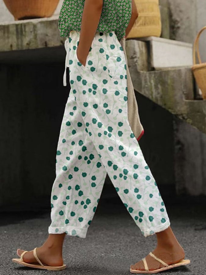Women's Botanical Floral Design Print Lace-Up With Elastic Waist Loose Casual Pants