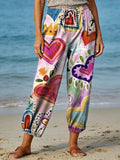 Women's Vintage Oil Painting-Style Heart Art Print Casual Pants