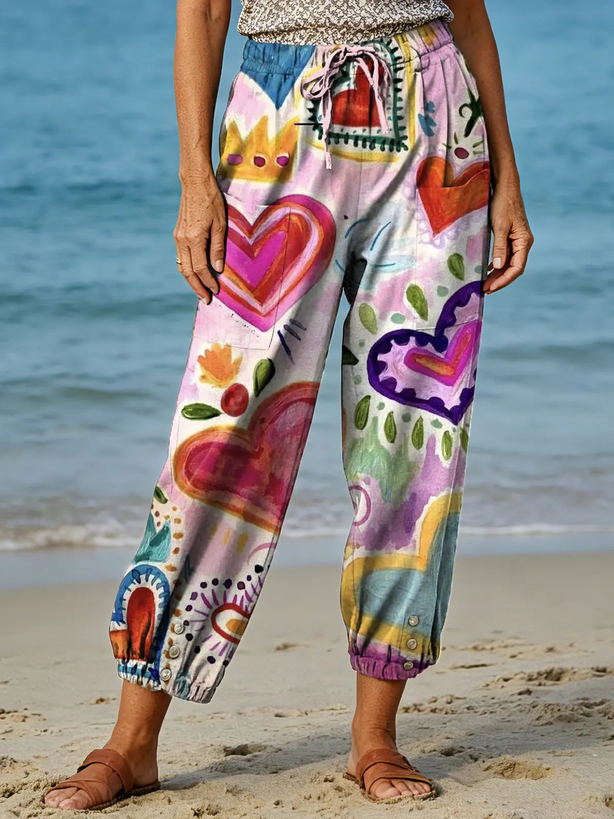 Women's Vintage Oil Painting-Style Heart Art Print Casual Pants