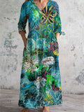 Women's V-Neck Floral Landscape Art Print Cotton And Linen Pocket Dress